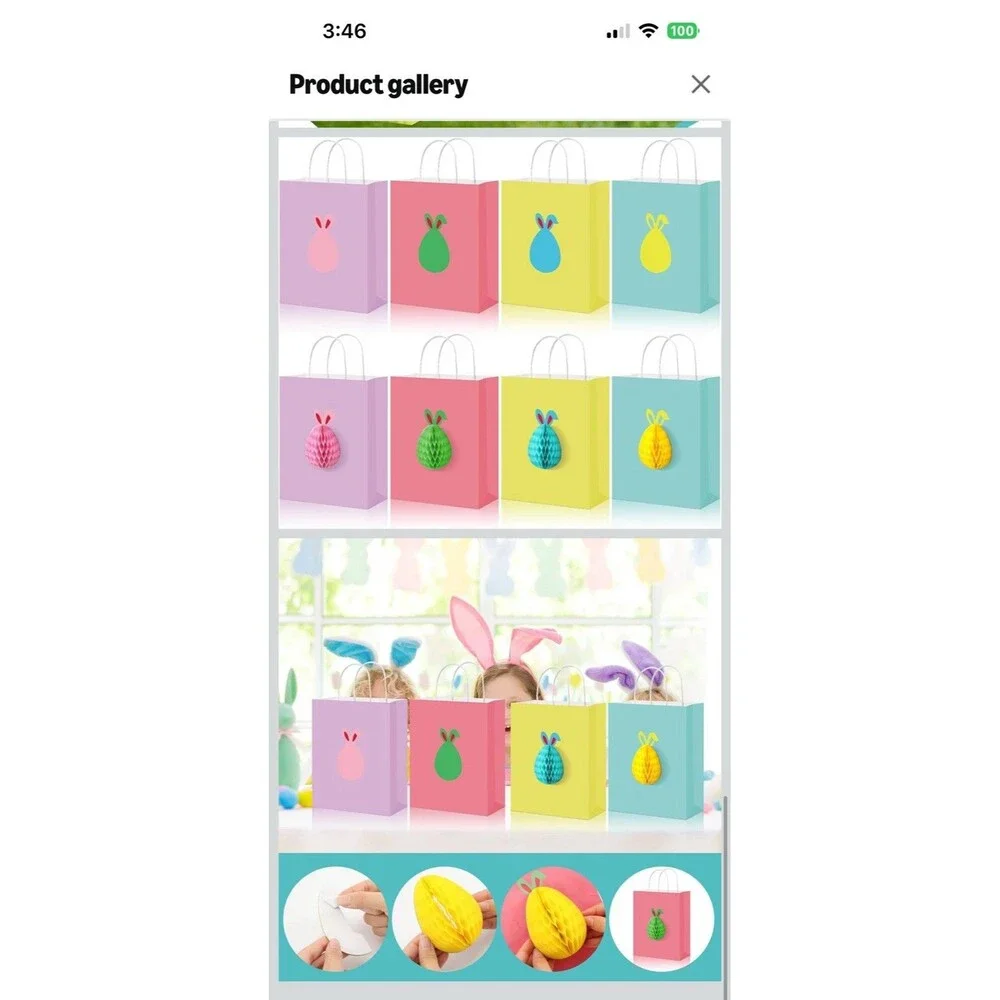12 PCS Easter Bunny Gift Bags with Handles 3D Honeycombs Included To Attach